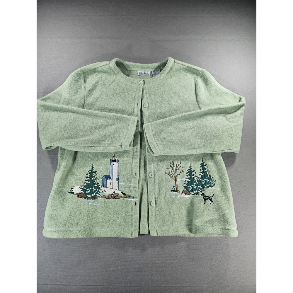 Blair Fleece Cardigan Jacket L Sage Green Embroidered Lighthouse Dog Grandmacore